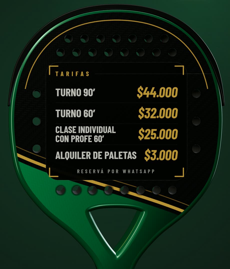 La paleta 3D de la demo de pádel, de frente, con la lista de tarifas impresa en la cara.